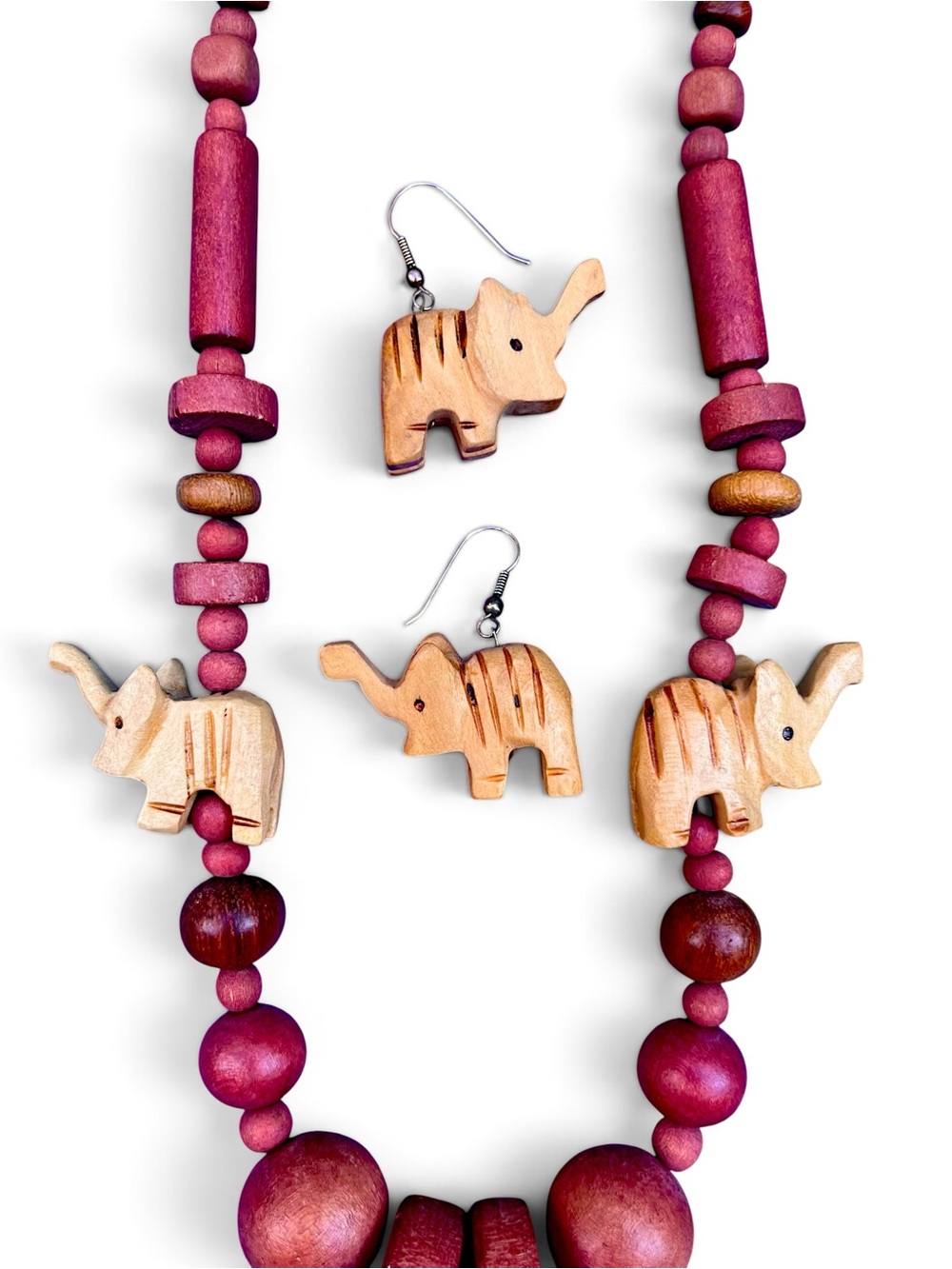 Vintage 90s Carved Wood Elephant Beaded Necklace & Dangle Earrings Set